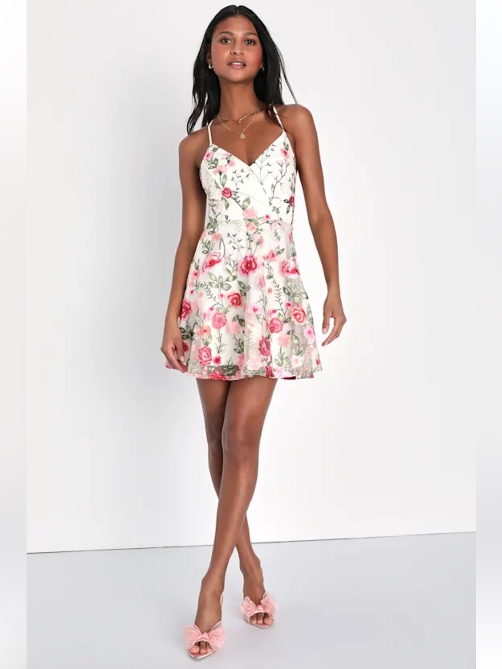 NWOT Lulu’s Natural Charmer White Floral Embroidered Lace-Up Di Mini Dress Sz: L